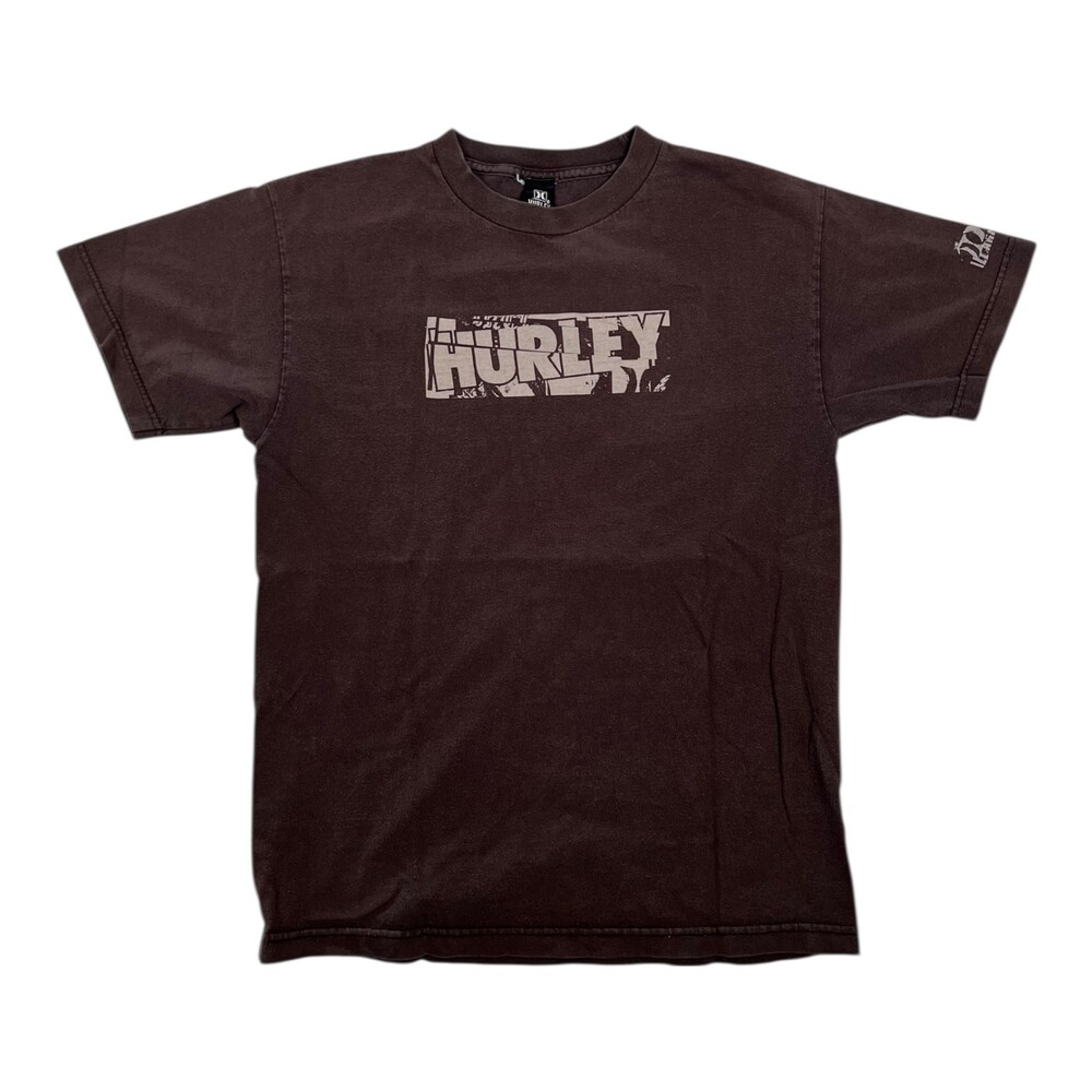 Vintage Hurley T-Shirt Size Medium Brown Spell Out Y2K Cyber Surf Box Logo